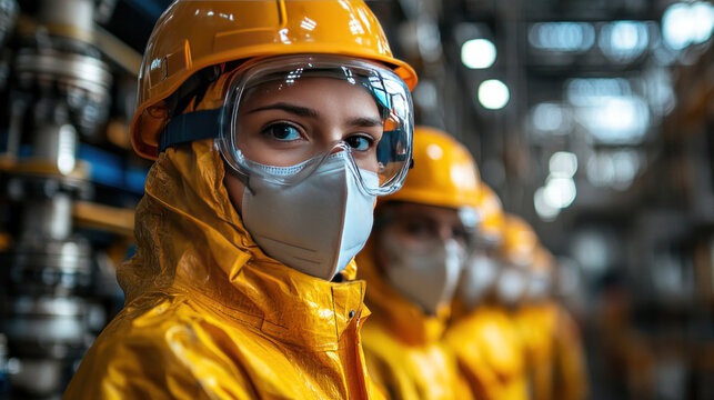 A group of industrial workers wearing full protective gear, including helmets, gloves, and safety goggles, in a high-risk factory environment