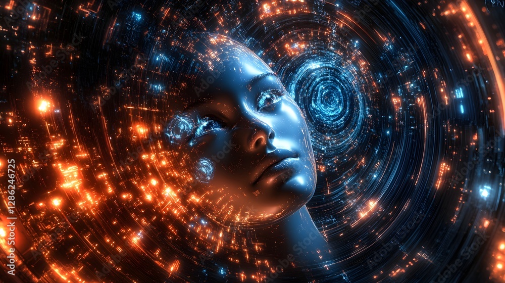 Poster Futuristic digital abstract artwork depicting a surreal cosmic energy field with luminous particle dynamics creating a mesmerizing visionary and transcendent atmosphere