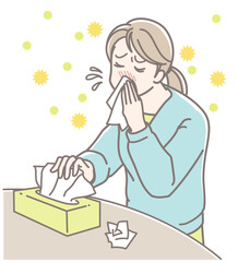 花粉症で鼻水が止まらず、鼻をかむ女性のイラスト