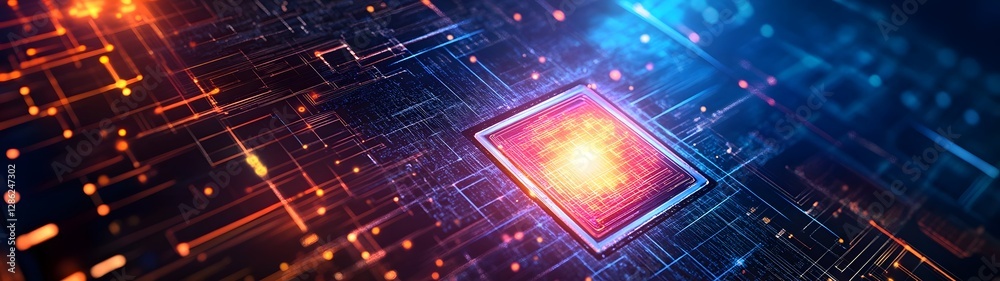 Poster Futuristic digital circuit grid featuring glowing geometric patterns abstract shapes and visual elements that represent modern intelligence and the digital world