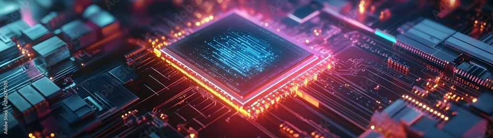 Poster Futuristic digital circuit processor chip microchip engineering technology abstract background with glowing data and energy flows  Concept of intelligence machine learning