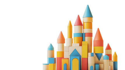 Colorful wooden blocks create a vibrant castle structure on a white background showcasing creativity and fun
