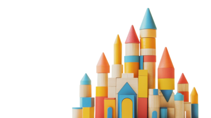 Colorful wooden blocks create a vibrant castle structure on a white background showcasing creativity and fun