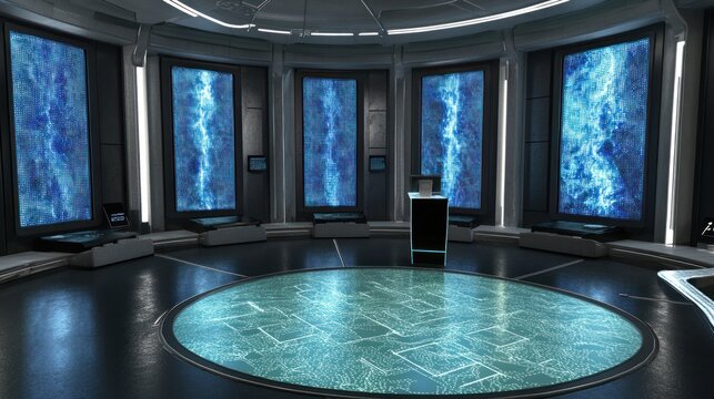 Futuristic Control Room Interior with Digital Displays and Platform