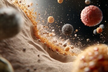 Soil and Degradation concept, Abstract depiction of colorful particles in a dynamic, sandy environment.