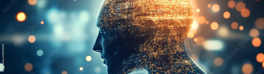 Poster Futuristic digital intelligence concept with a glowing sphere and dynamic particles representing the power of technology innovation and the evolution of information processing