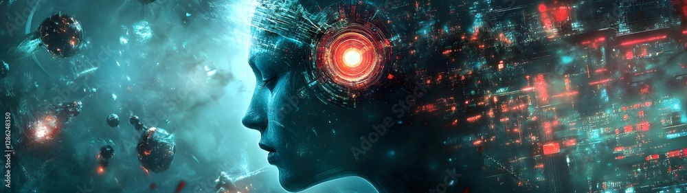Poster Futuristic digital intelligence cyborg mind visualization in cosmic space universe  Abstract surreal image depicting the power of technology data