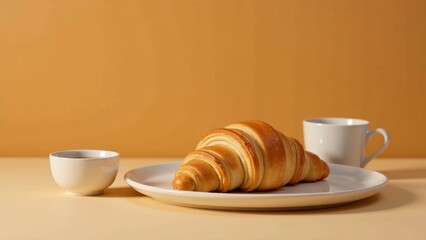 A golden-brown croissant rests on a pristine white plate, accompanied by two delicate ceramic cups, suggesting a tranquil and delicious morning