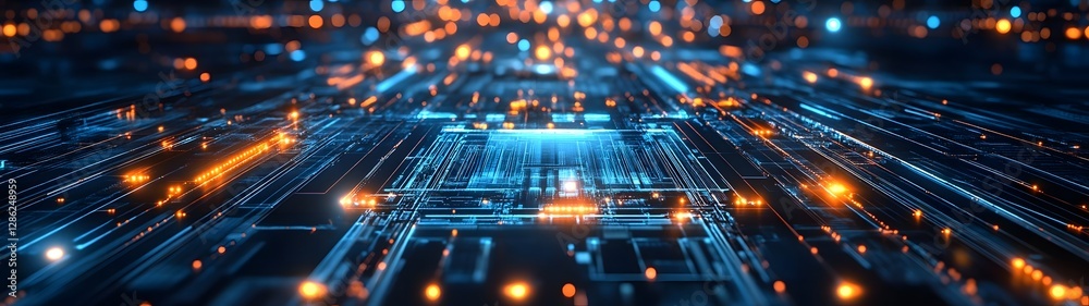 Poster Futuristic digital network landscape with glowing circuits data flows and geometric patterns  Representing the complexity and interconnectivity of modern intelligence and the digital world