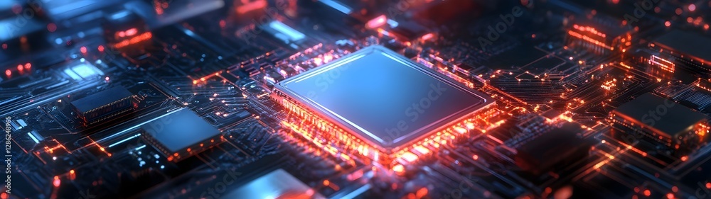 Poster Futuristic digital microchip circuit board with glowing lights intricate patterns and technological details representing the power and complexity of modern computer hardware and intelligence