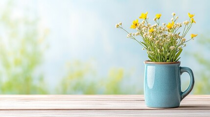 Vibrant yellow wildflowers in blue ceramic mug on wooden surface against softly blurred nature background creating fresh and uplifting home decor aesthetic