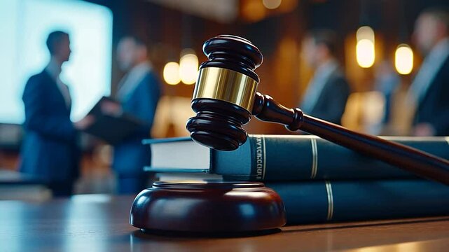 Courtroom gavel, legal books, businesspeople in background