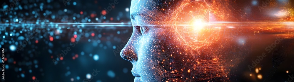 Poster Futuristic digital particle explosion in a cosmic galaxy visualization  Glowing abstract energy ray burst with dynamic light and fire effects representing intelligence data network