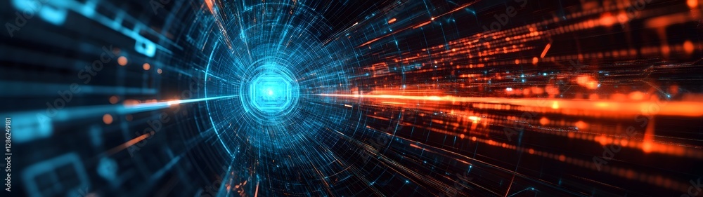 Poster Futuristic digital portal opening into an abstract realm of interconnected energy luminous particle flows and data visualizations