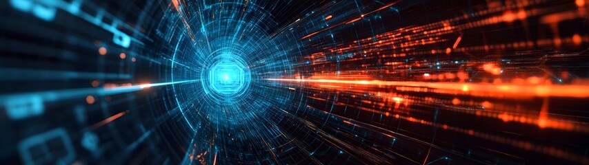 Obraz premium Futuristic digital portal opening into an abstract realm of interconnected energy luminous particle flows and data visualizations