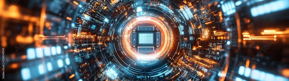Poster Futuristic digital portal revealing the intricate world of technological intelligence and the interconnected networks of data and information