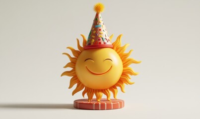 Smiling sun with party hat on podium, simple background, celebration graphic