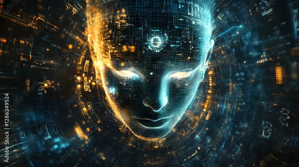 Poster Futuristic digital portal to the realm of intelligence and consciousness with a surreal and enigmatic visualization of the complex interconnected networks data flows