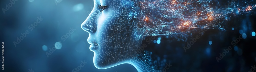 Leinwandbilder futuristic digital portrait of human face with glowing data network connections embodying and techno