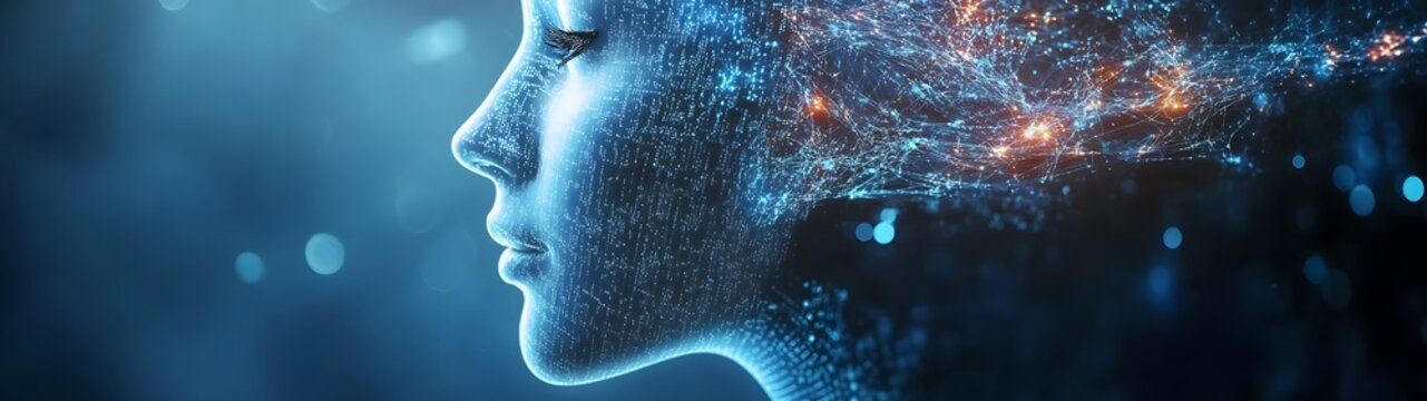 Futuristic Digital Portrait of Human Face with Glowing Data Network Connections Embodying and Technological Innovation  This visionary image explores the intersection of humanity and technology