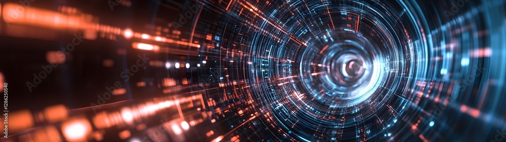 Poster Futuristic digital tunnel with glowing radiant patterns and flowing energy  Abstract technology and innovation concept with a dynamic cyberpunk inspired visual design