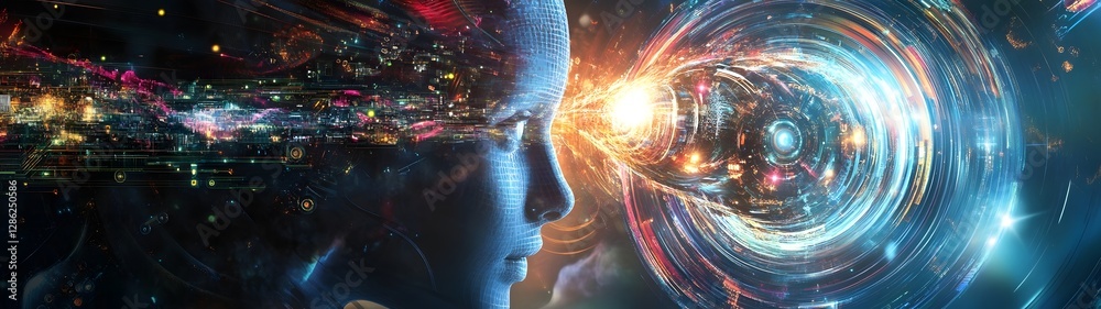 Poster Futuristic digital visualization of a cosmic landscape showcasing the dynamic flow of data energy and intelligence  This abstract