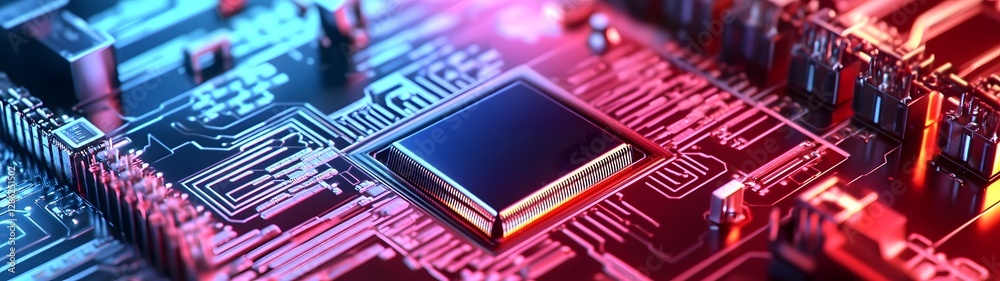 Poster Futuristic electronic circuit board with CPU processor chip and microchips  Technology innovation and engineering concept with digital data and connection