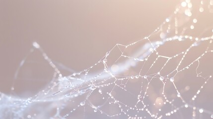 A spider web with water droplets, with a blurry, light background.