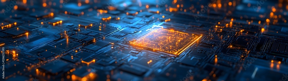 Poster Futuristic glowing circuit board with intricate electronic components and patterns representing advanced technology digital innovation and the cutting edge of the tech industry