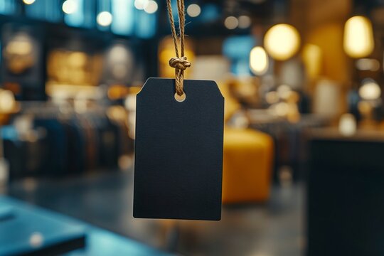 Black tag hanging from a string on a plain background for labeling and branding purposes