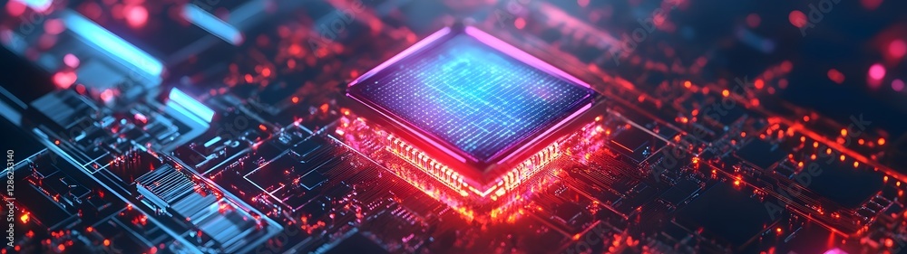 Leinwandbilder Futuristic glowing digital technology abstract background featuring intricate circuit boards microchips and quantum computing elements  Vibrant neon colors high tech engineering