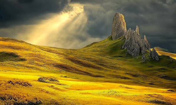 Beautiful Northern landscape with grey sky and sun lights on hills	 and rocks
