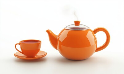 Steaming orange teapot and teacup on white for beverage ads