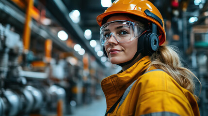 A worker wearing an advanced industrial smart helmet with an augmented reality display