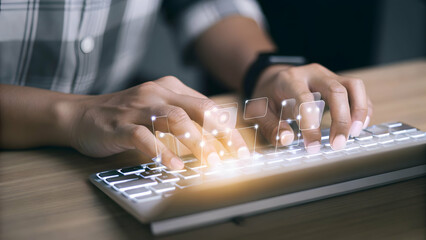 Fototapeta premium Futuristic Macro Shot of Hands Typing on a Holographic Keyboard: Illuminated Technology Enhancing Work from Home Happiness - Stock Photo Concept