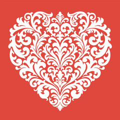 Vector decorative heart-shaped design, intricate white shapes on red background. Symmetrical damask-style ornamentation creates a romantic, elegant, vintage, aesthetic valentine. Love sign celebration