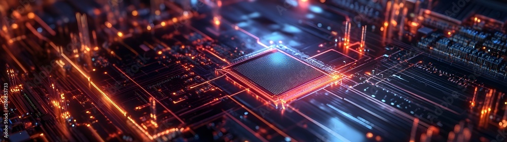 Poster futuristic glowing electronic circuit board with neon lights microchips and electrical components in