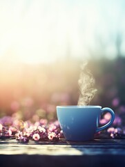 A steaming cup of coffee sits on a wooden surface surrounded by colorful flowers, illuminated by soft, warm sunlight.