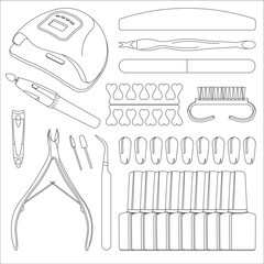 Vector detailed black-and-white illustration. Professional manicure pedicure set: UV lamp, nail clippers, cuticle tools, brushes, nail polish bottles, files,  accessories for nail salon