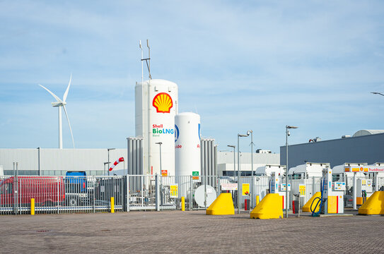 Netherlands - February 21, 2025: LNG (Liquid Natural gas) Shell fuel station at the truck center in distribution center Doelwijk in Waddinxveen.