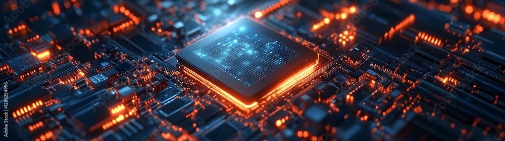 Poster Futuristic glowing microchip and circuit board background showcasing advanced digital intelligence quantum computing and innovative technological progress