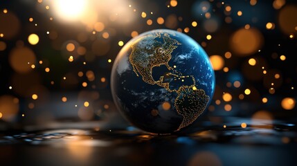 A glowing globe of Earth surrounded by shimmering bokeh lights in a dark atmosphere