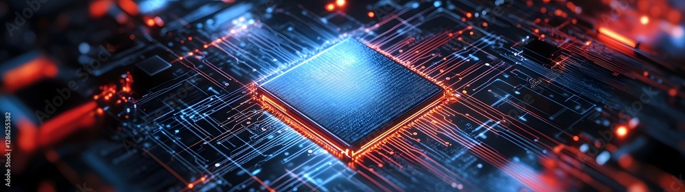 Poster Futuristic glowing microchip circuit processor on an abstract technology background with red and blue lighting  This high tech digital art image represents the concept of innovation engineering