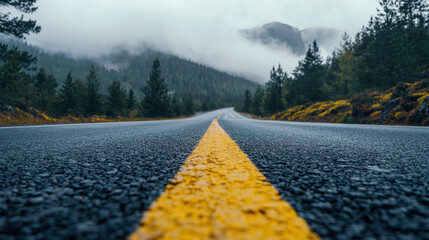 winding road through misty forest landscape, surrounded by mountains and trees