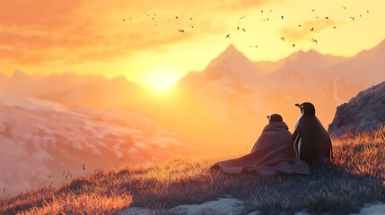 A cozy scene with a couple of penguin under a blanket watching the sunrise on a hilltop
