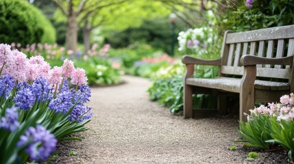 Peaceful garden path with flowers and bench