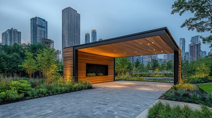 Naklejka premium Modern Wooden Structure in Urban Park with Cityscape Background