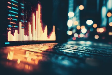 A vibrant digital graph displays fluctuating data trends against a blurred city backdrop, highlighting the intersection of technology and urban life.