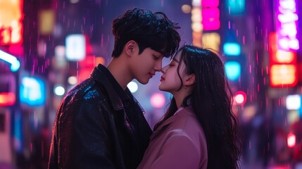 Stylish Korean Couple Sharing a Tender Moment in Urban Streetwear Under Neon Lights