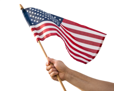 Hand Holding American Flag isolated on White Background, Patriotic USA Concept